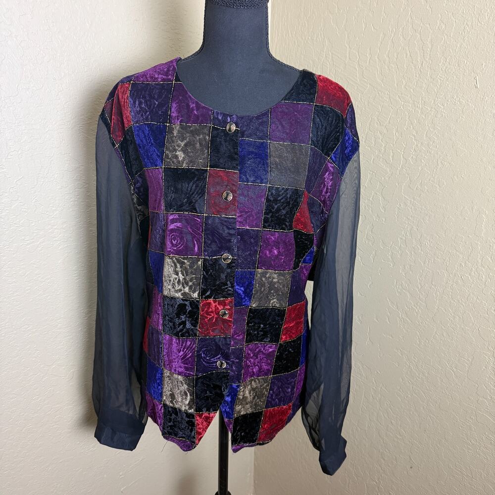 Bedford Fair Lifestyles 28W Patchwork Velvet Jacket Sheer Sleeve Multicolor